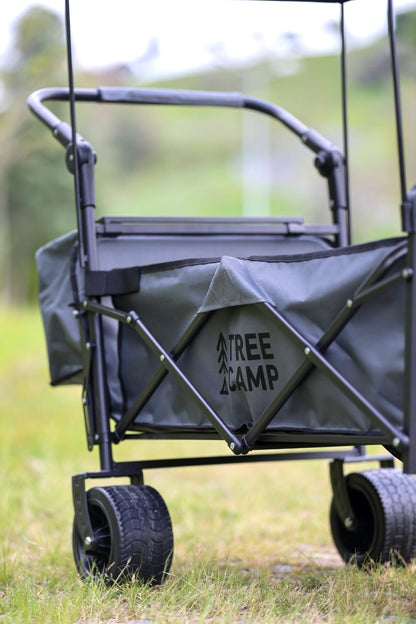 TREE CAMP Kamp Vagon Arabası – 120 kg kapasite, 9 cm geniş tekerlek, katlanır yapı, güneş tentesi dahil
